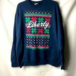CHAMPION ECO FLEECE MENS SIZE LARGE NAVY SWEATSHIRT LIBERTY CHRISTMAS DESIGN